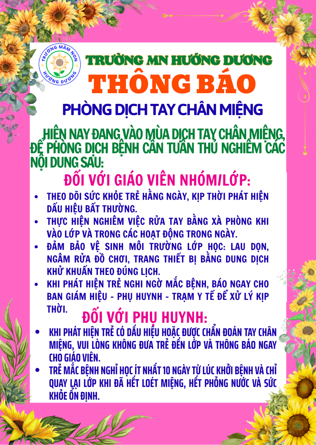 Trường Mầm non Hướng Dương phòng bệnh Tây chân miệng